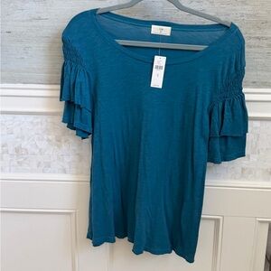 NWT new medium Anthropologie T.La Teal blue Short Sleeve Ruffle sleeves tee Top